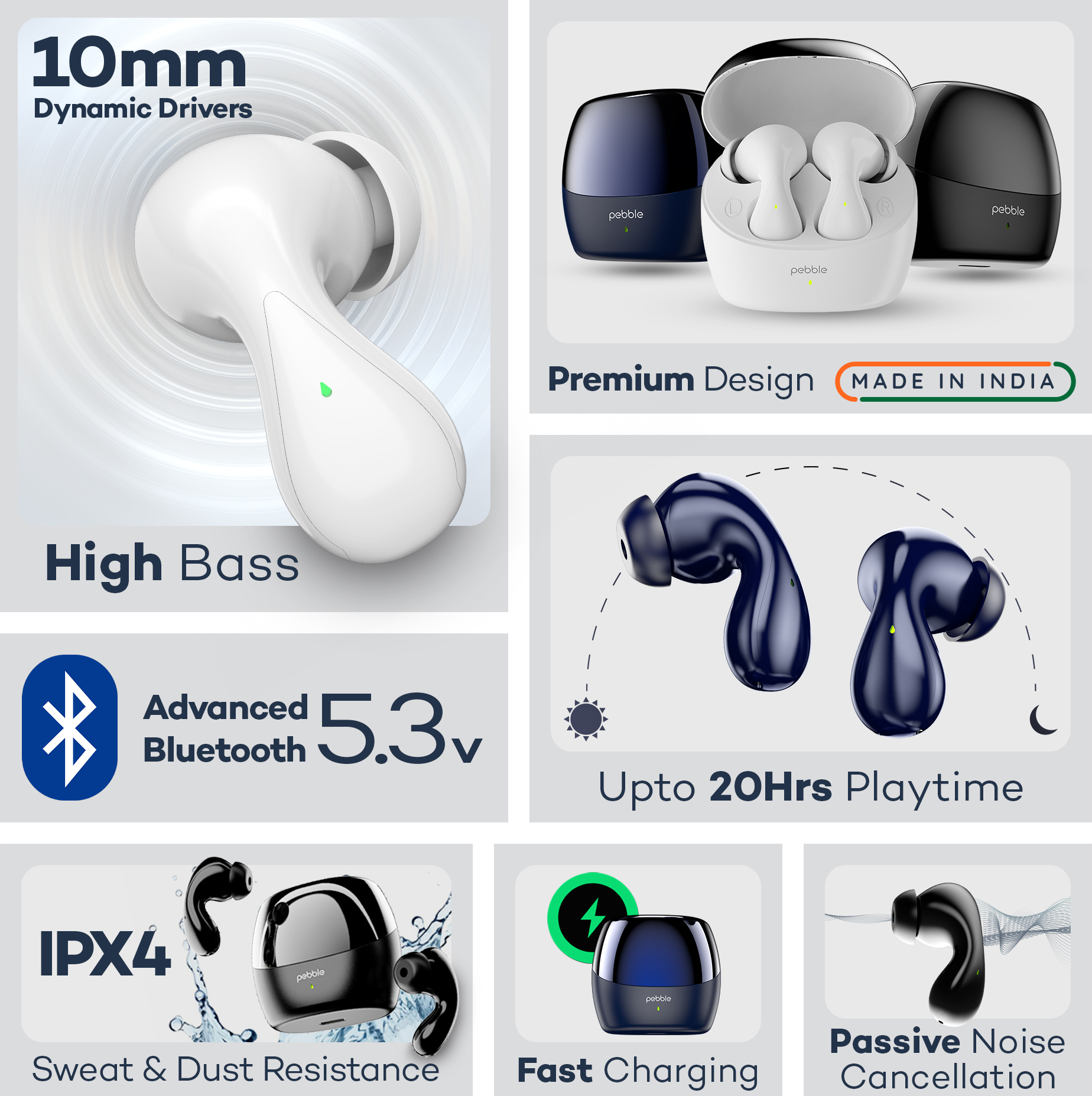 Pebble Wave Buds High Bass Clear Sound Quality, Passive Noise