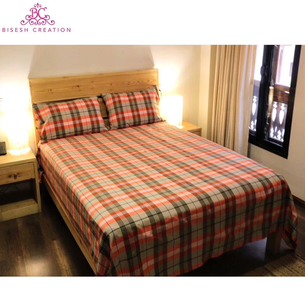 Bisesh Creation BD 11 Beige/White Checkered Cotton Bed Sheet With 2 Pillow Cover-1875
