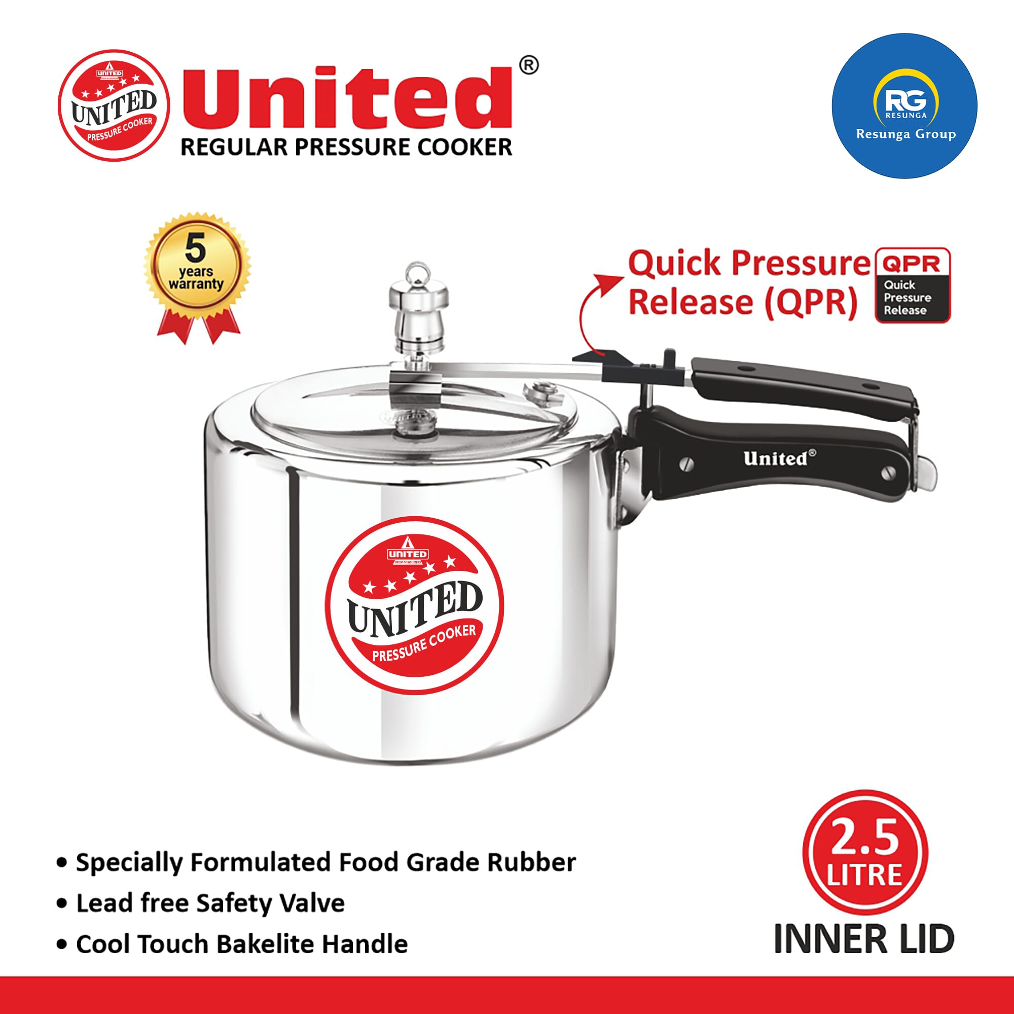 United UC0003Regular Inner Lid Pressure Cooker L