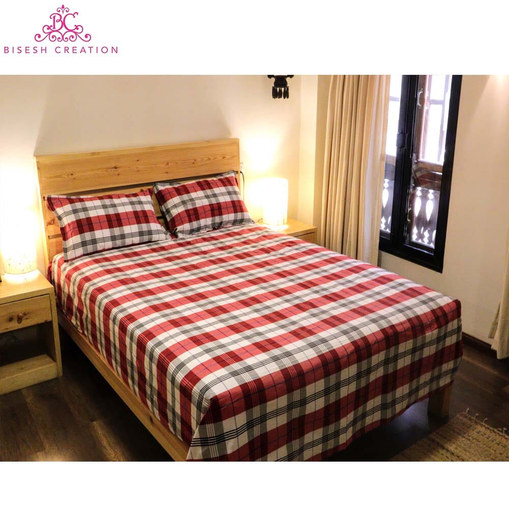 Bisesh Creation BD 04 Red White Checkered King Size Cotton Bed Sheet With 2 Pillow Cover-1875