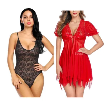 Combo Set of Womens Sexy Lace Lingerie Set Babydoll Night Suit and Lingerie  with Panty Free Size Black and Red Color