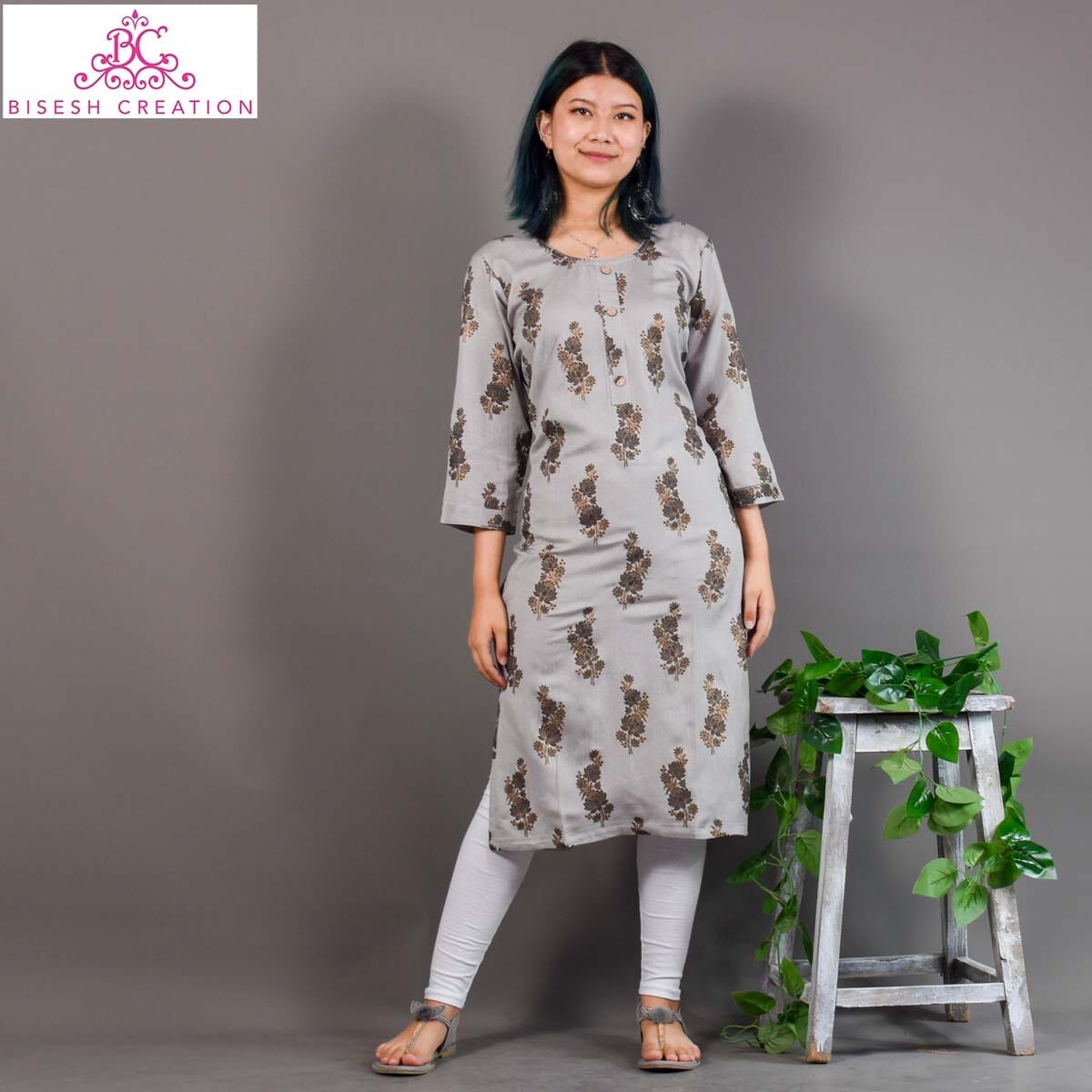 Bisesh Creation Ash Grey Floral Printed Linen Kurti For Women-1500
