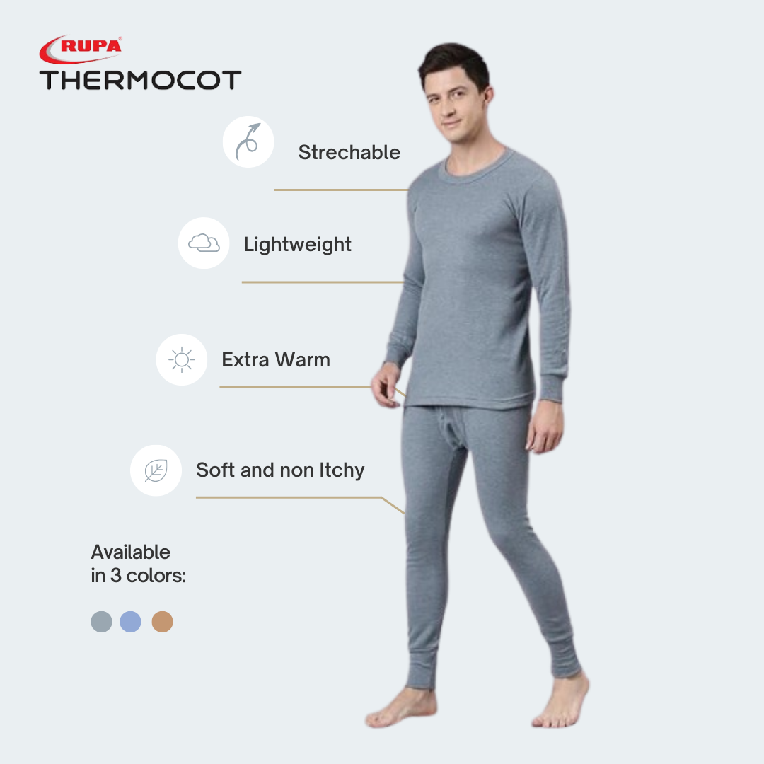 Rupa Thermacot Round Neck Full Sleeve Blue Thermal Top and Bottom