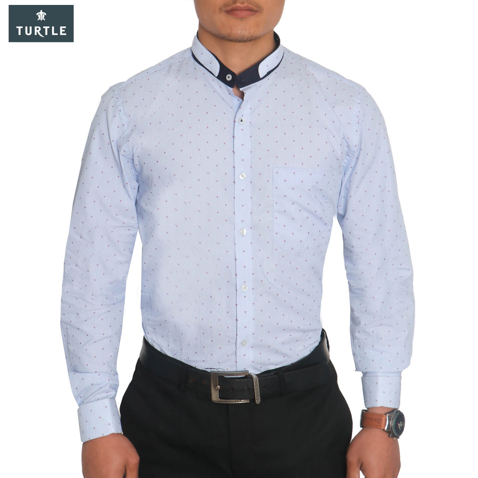 Turtle Men White & Blue Slim Fit Printed Formal Dress Shirt