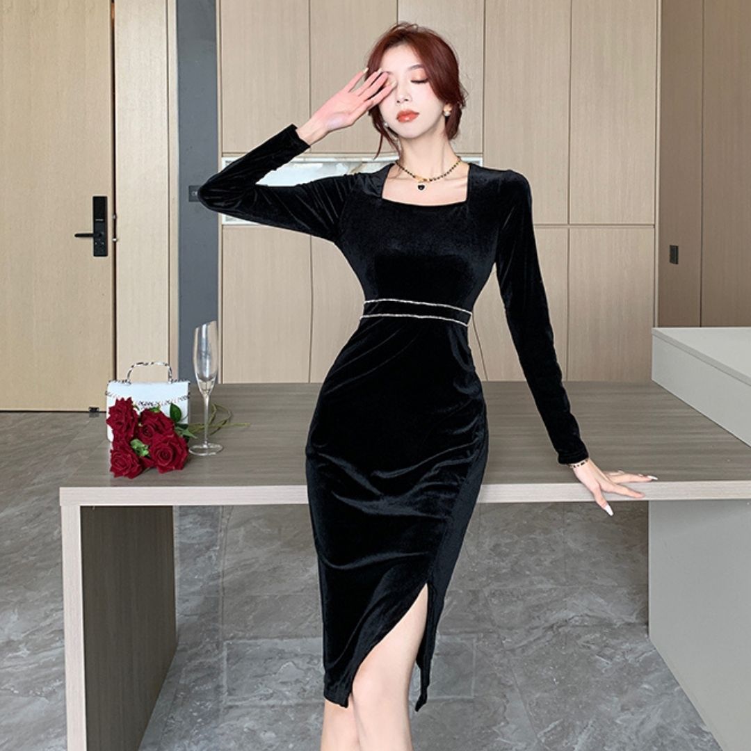 Black velvet knee length dress sale