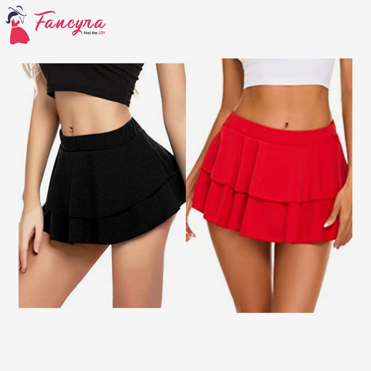 Combo Set of Women Pleated Mini Skirt Solid Ruffle Lingerie Skirts Free Size Black and Red Color