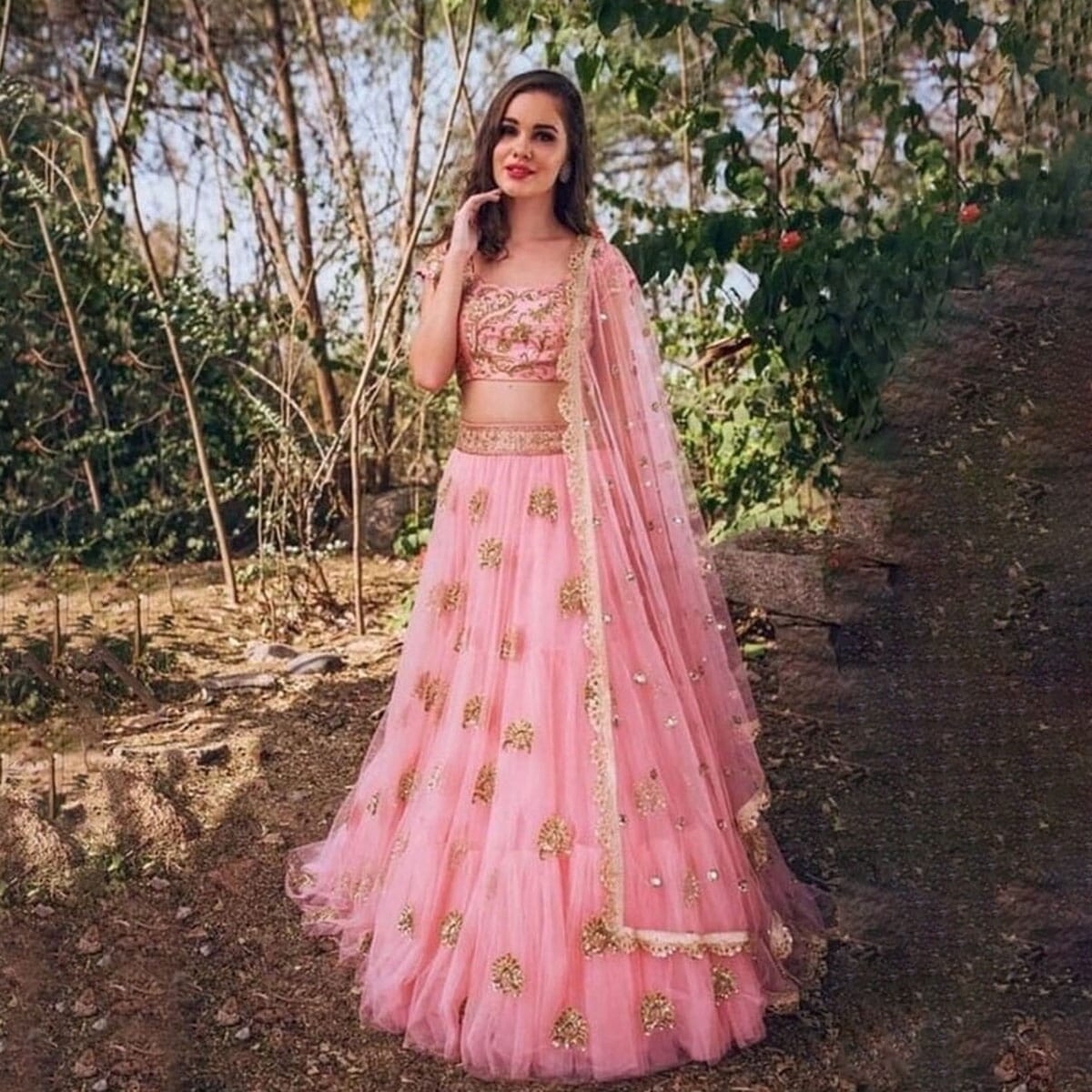 Pink Net Floral Embroidered Saree With Unstitched Blouse For Women