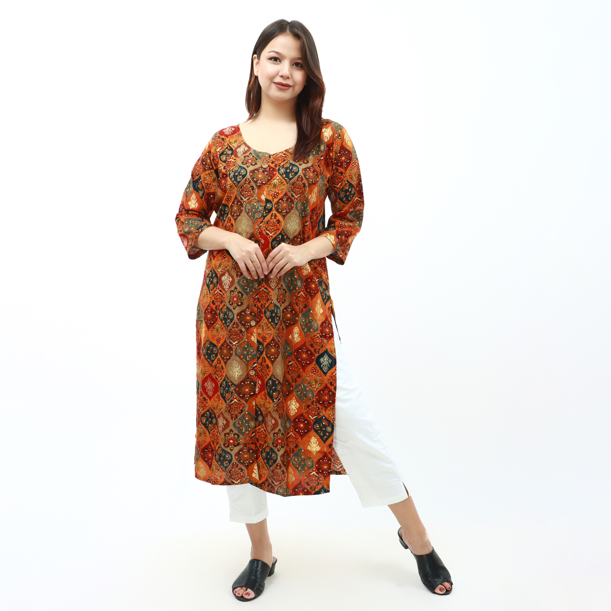 Bisesh Creation Beige Multicolored Ethnic Printed Rayon Kurti Tops for Women-1550