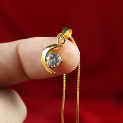 Pure Gold Plated Thin Chain And Moon Shaped Pendant With White Stone Necklace For Women