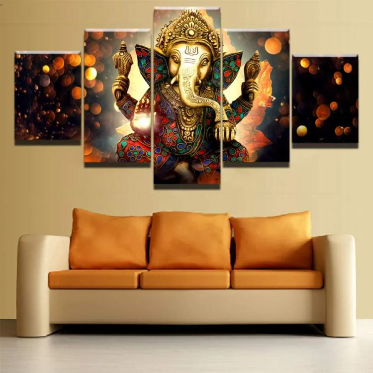 5 Piece Panel Ganesh Mantra Wall Hang God Canvas Art with Frame
