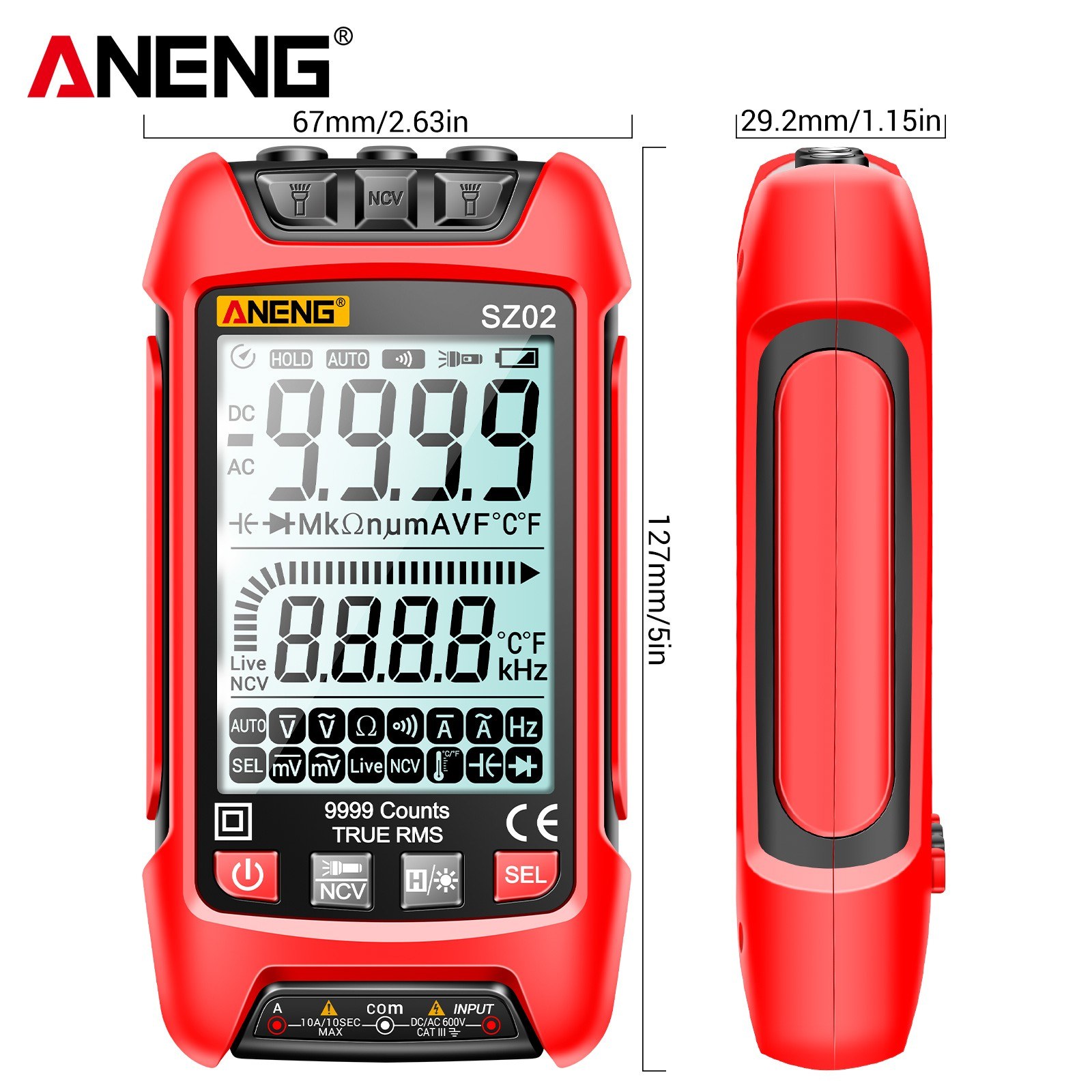 ANENG SZ02 Smart Digital Multimeter Auto Range 9999 Counts NCV Universal Meter Handheld Multifunctional Tester Voltmeter Ammeter with Backlight Flashlight AC/DC Voltage & Current Resistance Capacitance Frequency Temperature Measurement. 