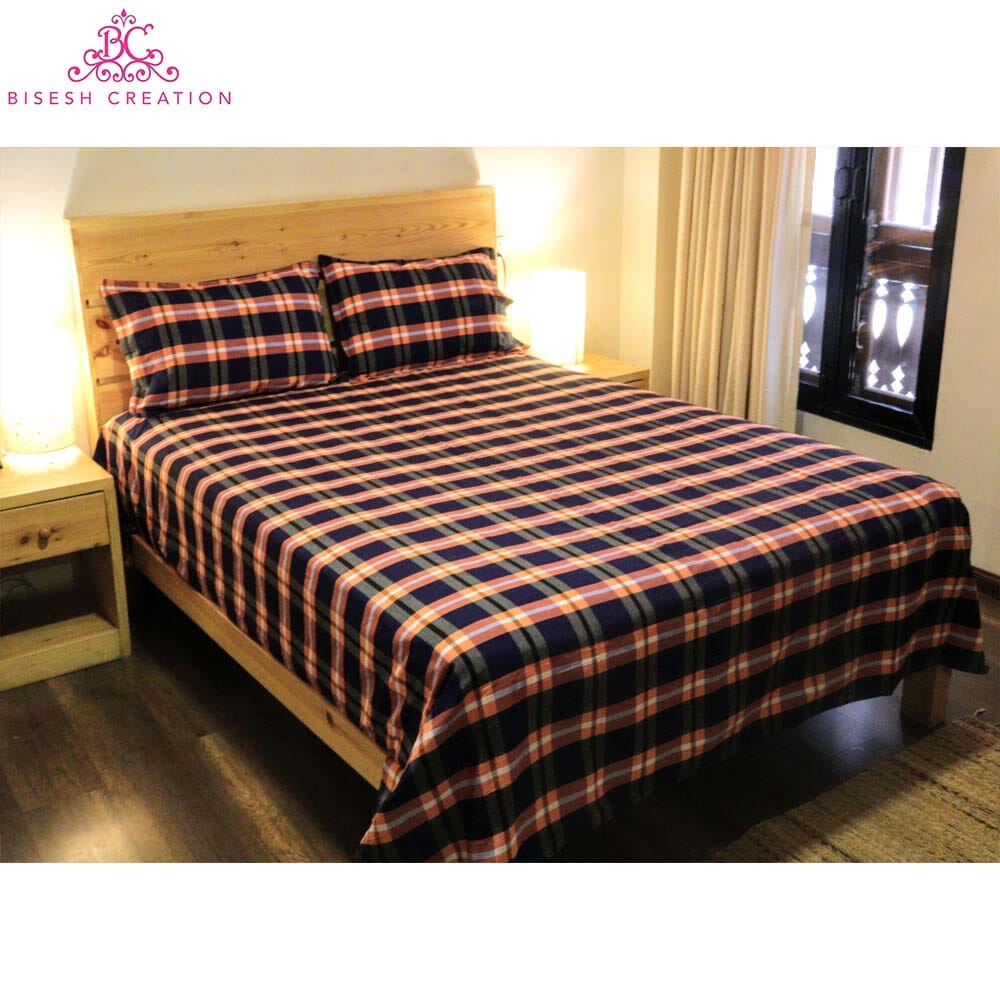 Bisesh Creation BD 08 Biege Blue Checkered King Size Cotton Bed Sheet With 2 Pillow Cover-1875