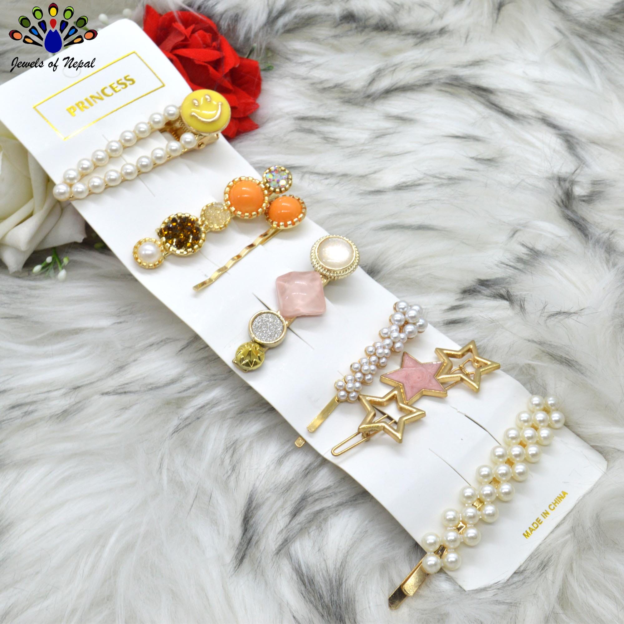 Jewels of Nepal Stones & Simulated Moti Set Hair Clip for Girls- Set of 7