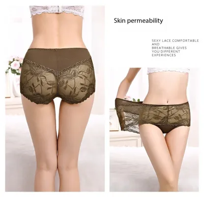 Underwear Sexy Lace Briefs Panties High Stretch Seamless Lingerie Women  Cotton Panty - Brown Color