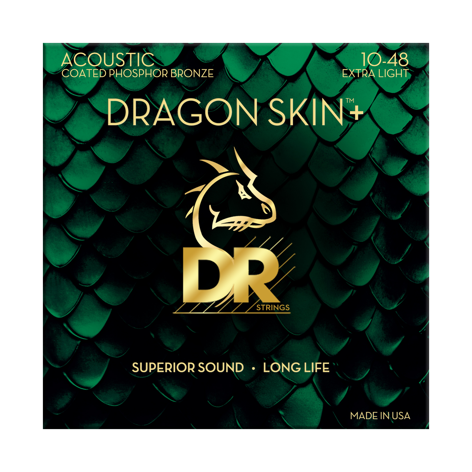 DR Strings Dragon Skin+ DAP-10 Phosphor Bronze Coated Acoustic Guitar Strings - Extra Light .010-.048