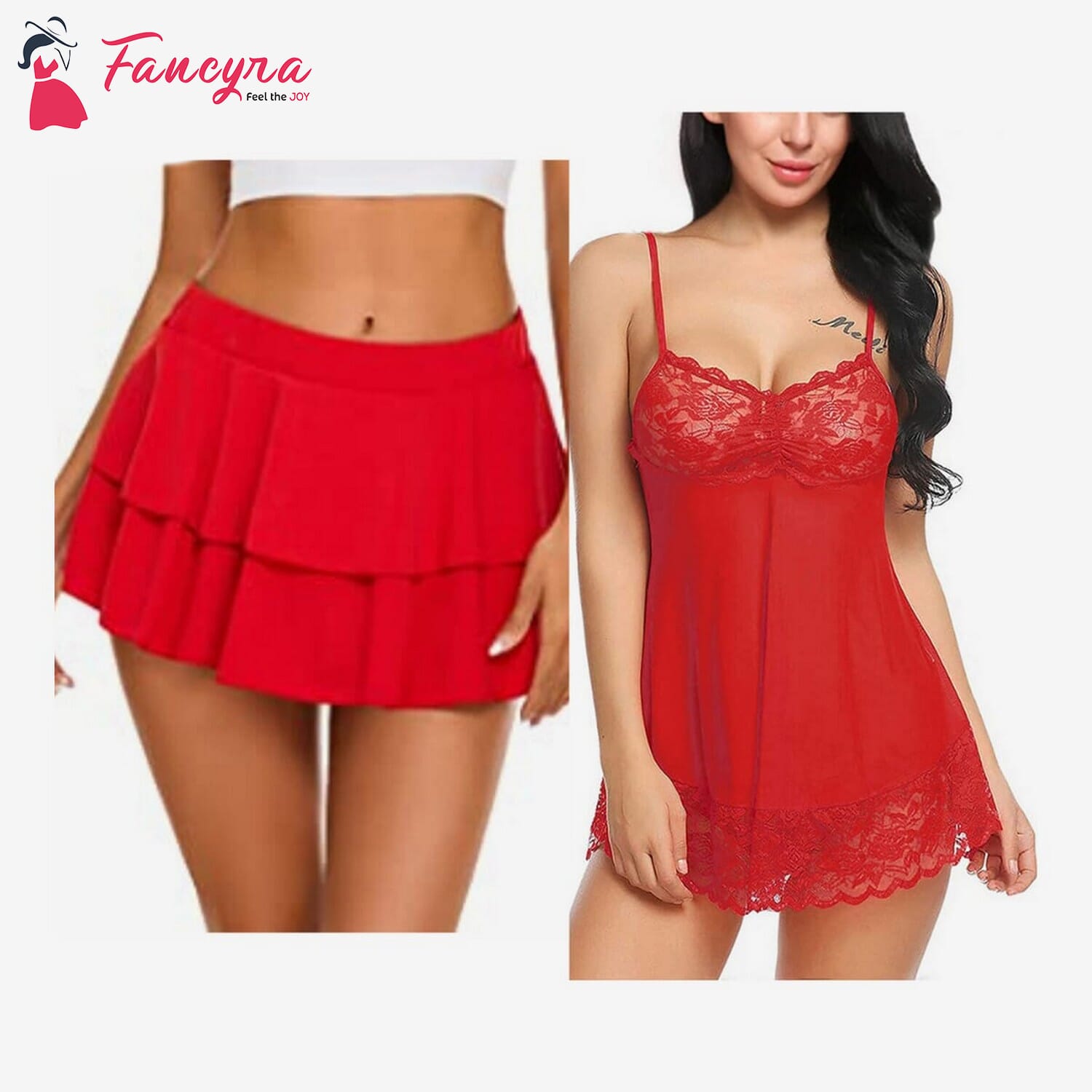 Combo Set of Women Pleated Mini Skirt Solid Ruffle Lingerie Skirts and Lingerie Set Free Size Red Color