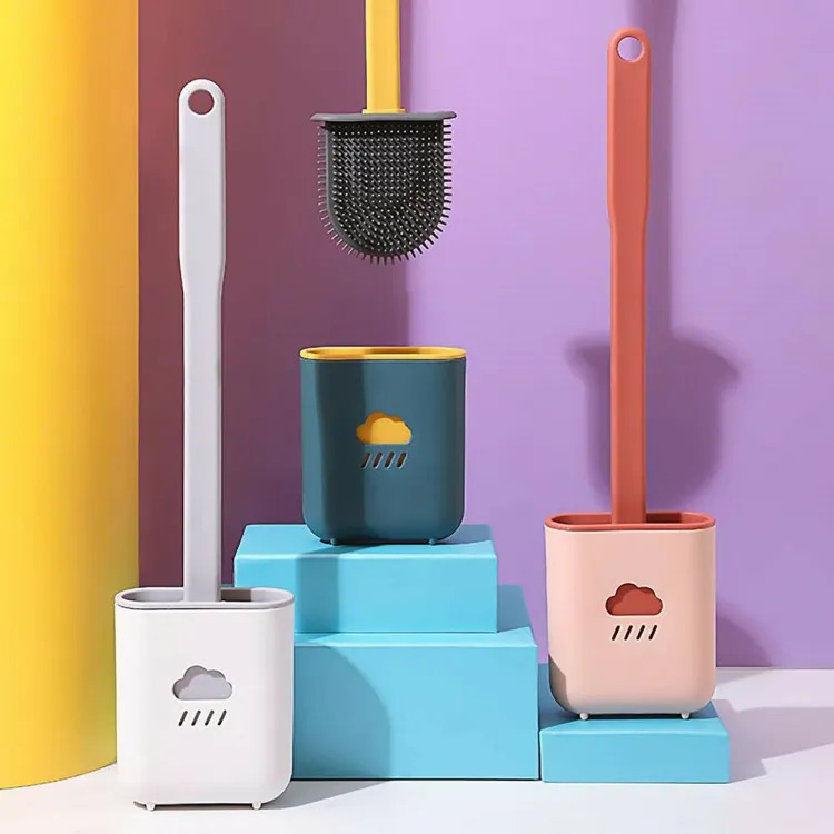 Silicone Toilet Brush Flat Head Flexible Soft Bristles Brush With Quick Drying Holder Set