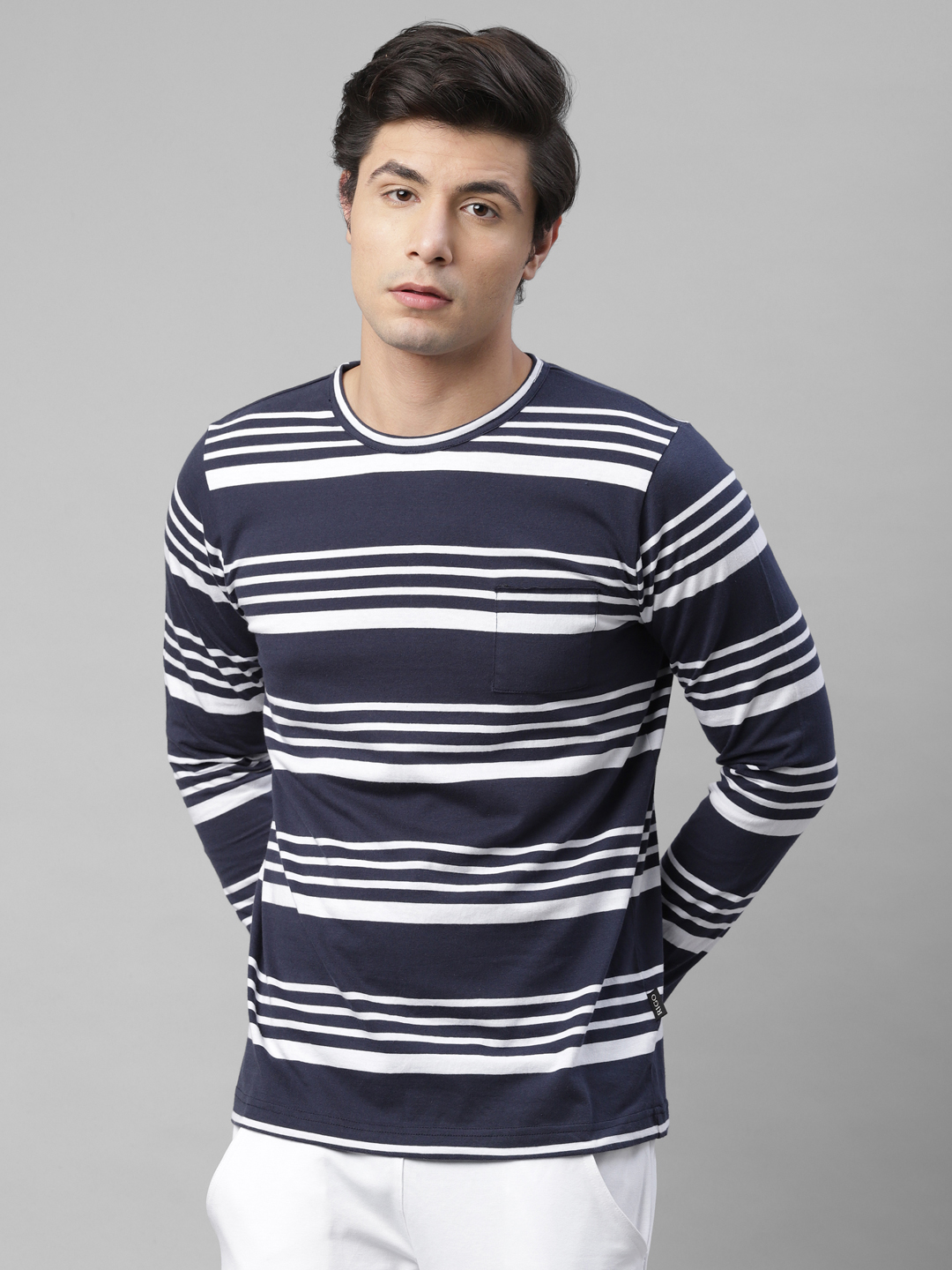 Rigo Men Navy White Stripe Round Neck 