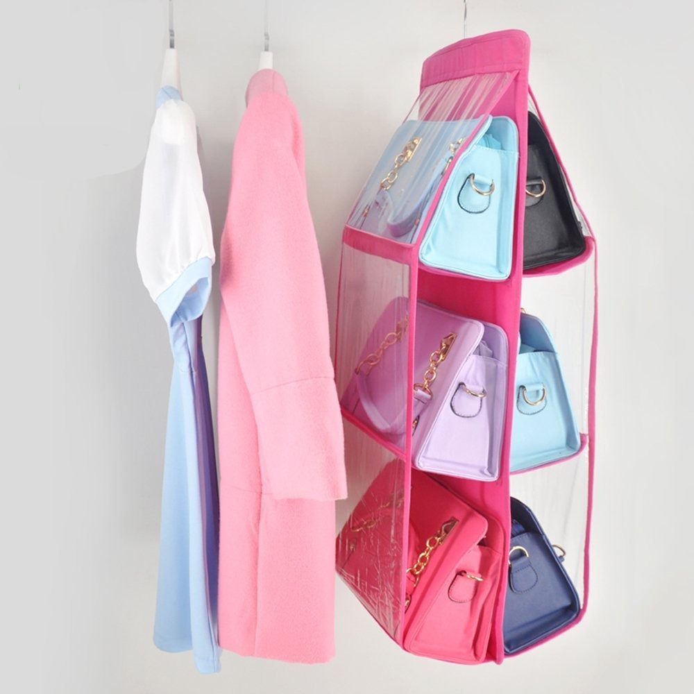 6 Pockets Clear Purse Bag Organizer | Hanging Handbag Storage Holder | Wardrobe Space Saver Pink
