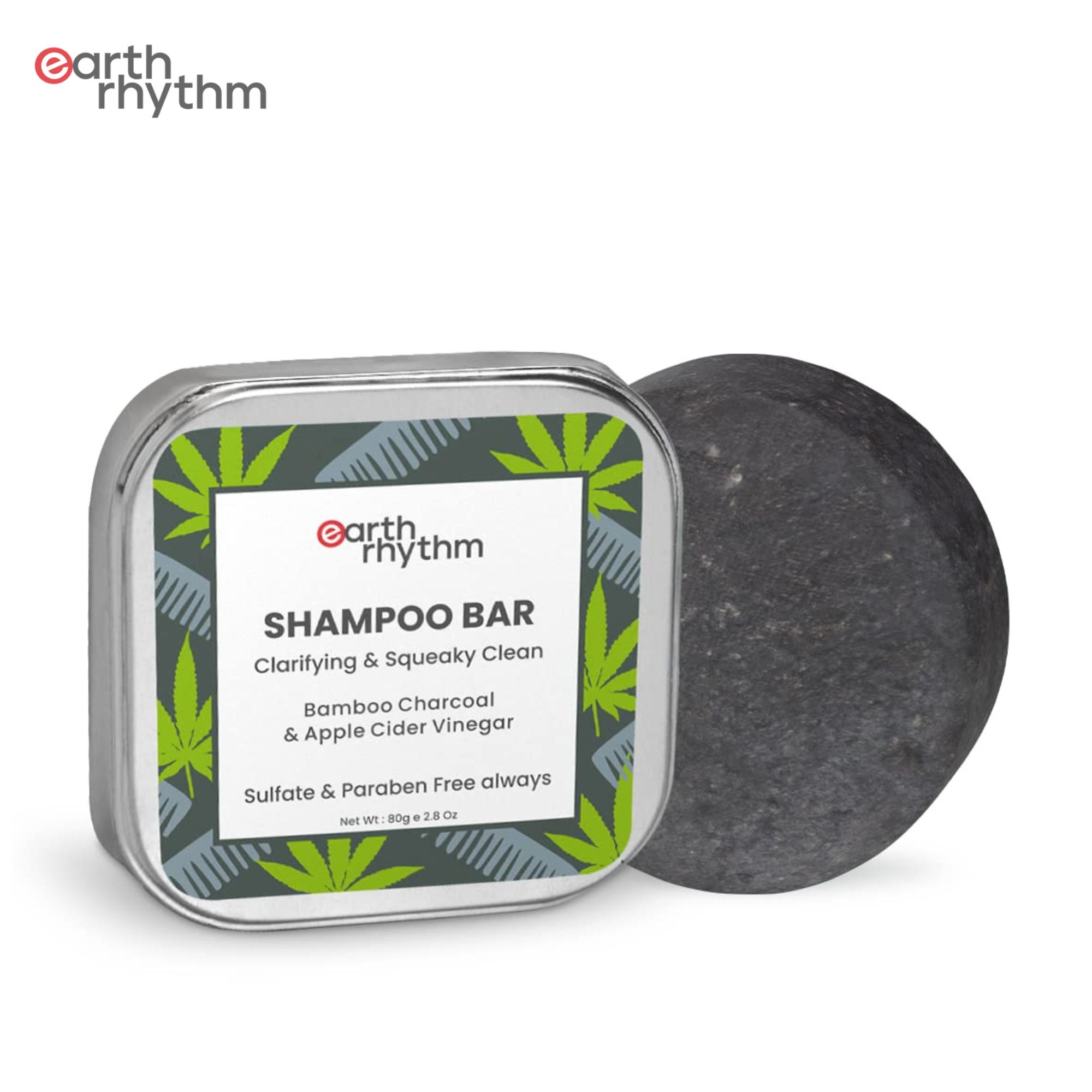 Earth Rhythm Hemp & Charcoal Clarifying Shampoo Bar (Tin Box) Anti Hairfall & Hair Strengthening Sulfate & Paraben Free - 80 gm