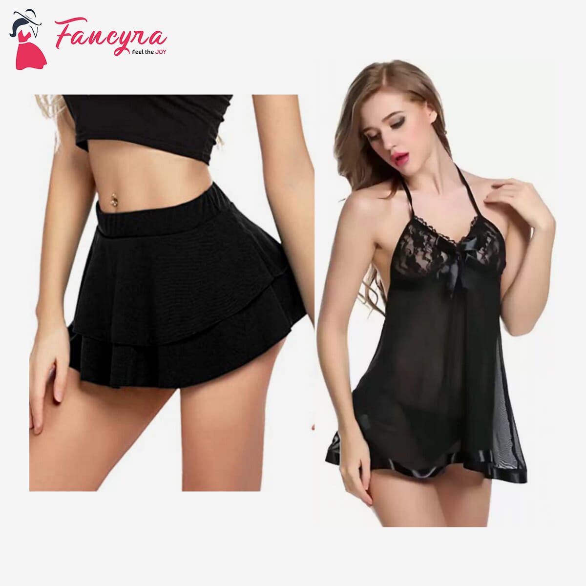 Combo Set of Women Pleated Mini Skirt Solid Ruffle Lingerie Skirts and Lingerie Set Free Size Black Color