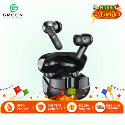 Green Airbeat-520 Dual Mic ENC Earbuds | Modern  Sleek Design With Textured Lines For Premium Feel | 30 Hours Of Playtime | IPX4 Rated |  Dual Mic | 6 Hours Of Single Playtime | 13mm Driver | Type-c Charging | Wireless Version 5.4 | 6 Months Warranty