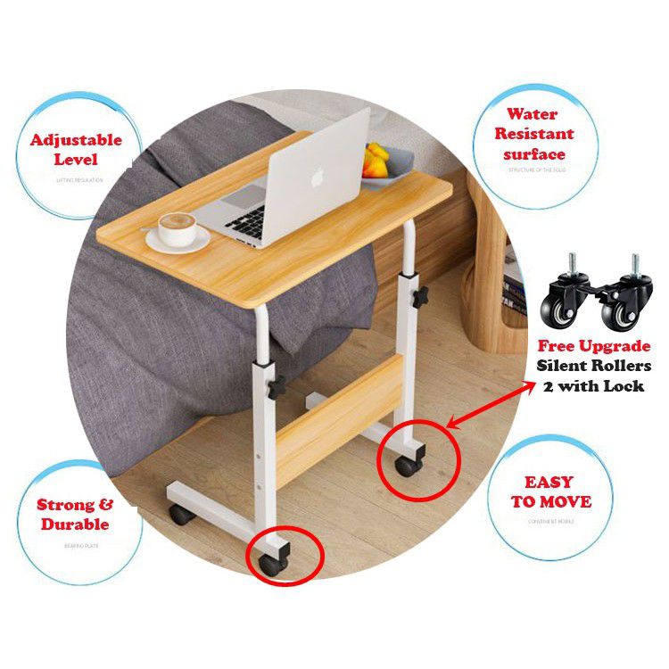 Height Adjustable Wooden Laptop Table With Wheels 60cm X 40cm (Black/Lightwood Color) Laptop