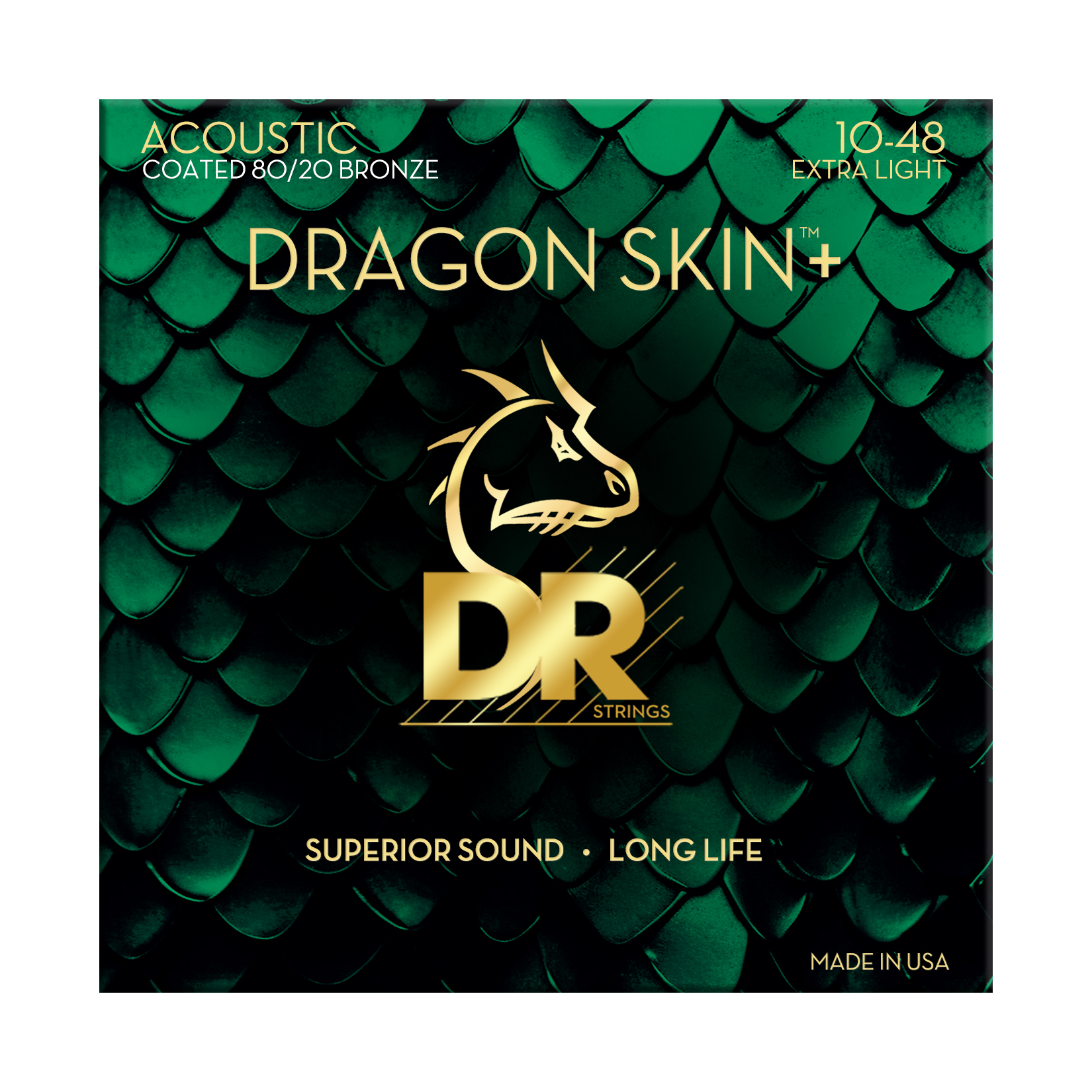 DR Strings Dragon Skin+ DA8-10 80/20 Bronze Coated Acoustic Guitar Strings - Extra Light .010-.048