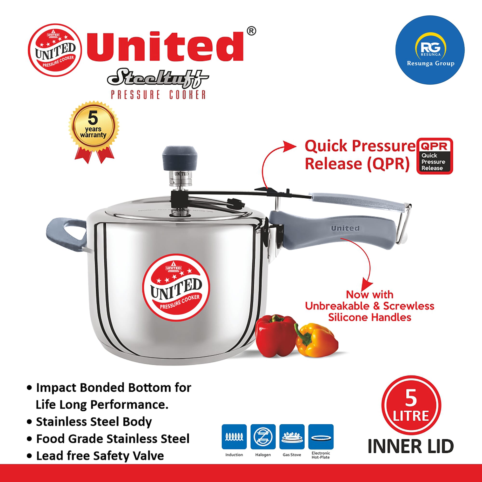 United UC0062 Induction Steeltuff Inner Lid Pressure Cooker 5L