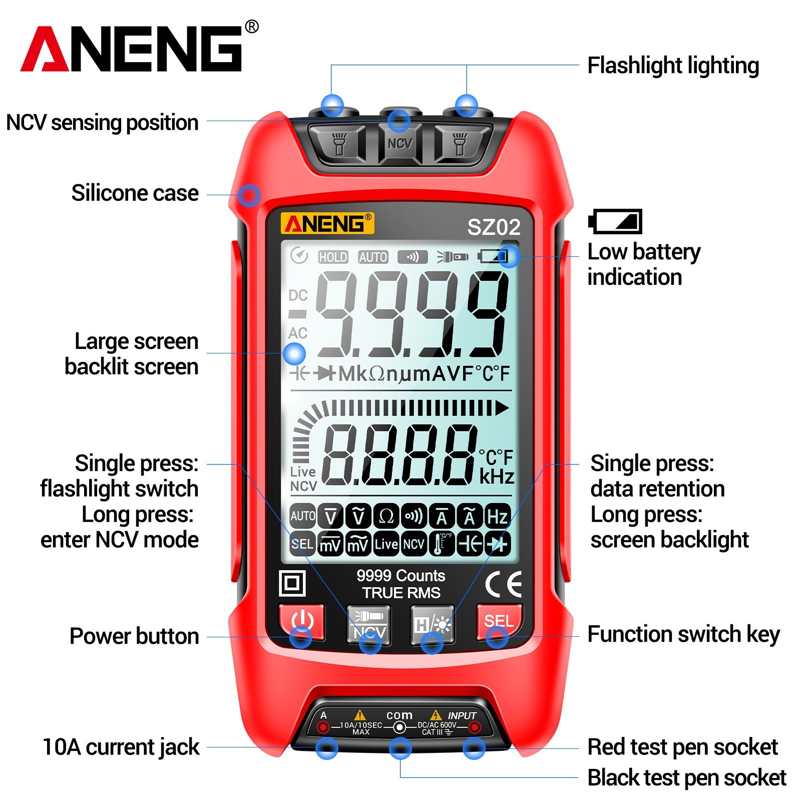 ANENG SZ02 Smart Digital Multimeter Auto Range 9999 Counts NCV Universal Meter Handheld Multifunctional Tester Voltmeter Ammeter with Backlight Flashlight AC/DC Voltage & Current Resistance Capacitance Frequency Temperature Measurement. 