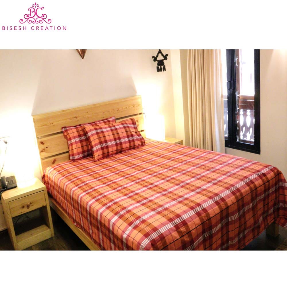 Bisesh Creation BD 01 Orange Red Checkered King Size Cotton Bed Sheet With 2 Pillow Cover-1875