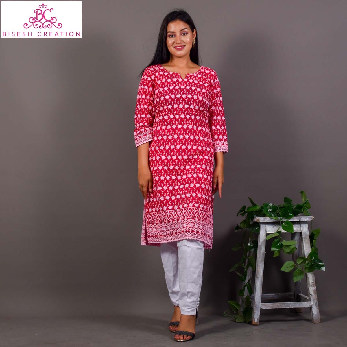 Bisesh Creation Pink White Chikan Embroidered Cotton Kurti For Women-1450