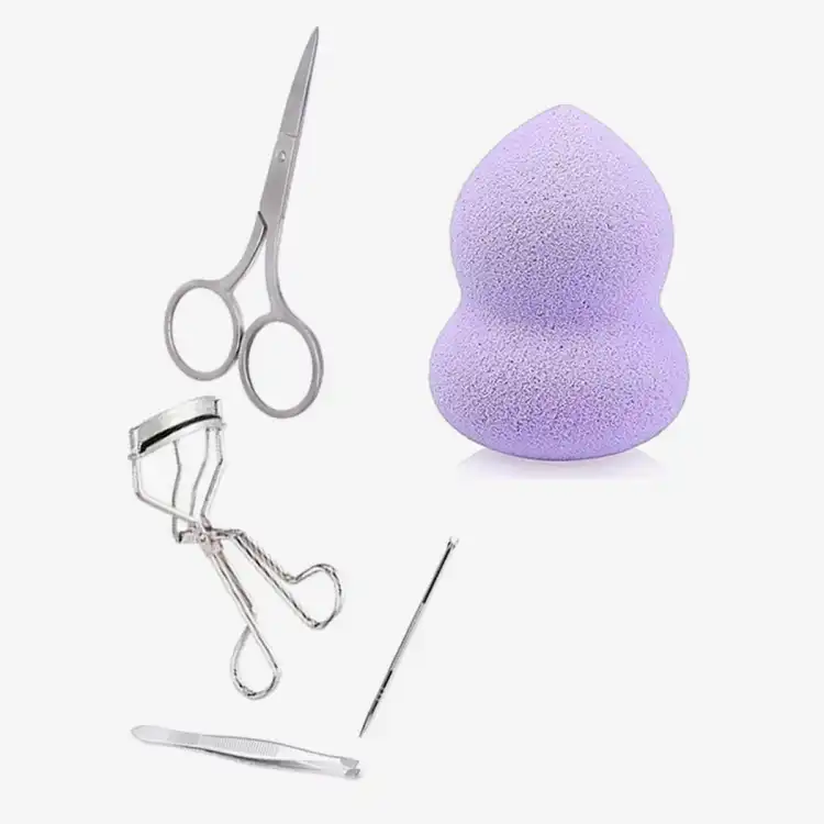 5 In 1 Combo Parlour Accessories Blackhead Remover Women Grooming Tweezers Small  Scissors Beauty Blender Eyelashes Curler)