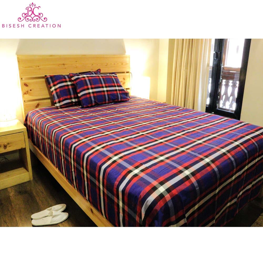 Bisesh Creation BD 07 Blue White Checkered King Size Cotton Bed Sheet With 2 Pillow Cover-1875