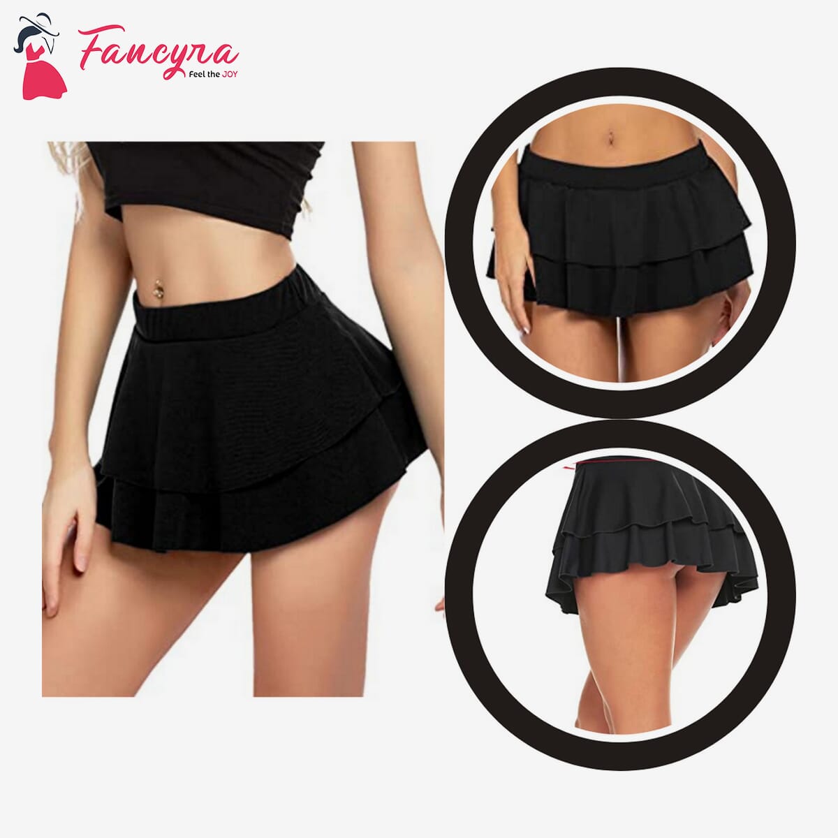 Women Pleated Mini Skirt Solid Ruffle Lingerie Skirts Free Size Black Color