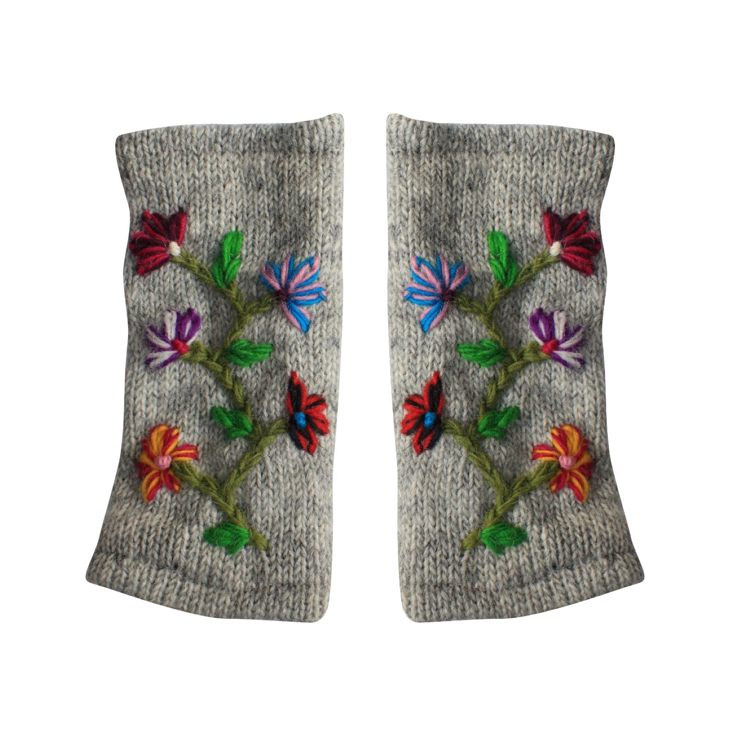 Grey With Colorful Flower Embroidered Woolen Hand Warmer