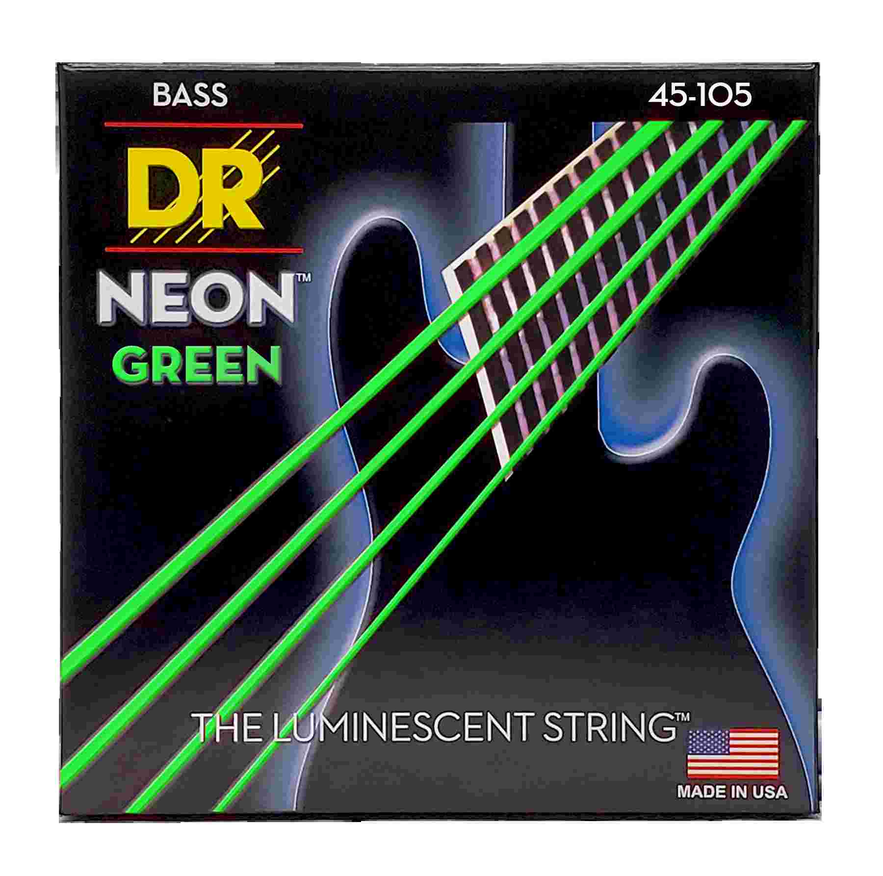 DR Strings 45-105 Hi-Def Neon Green K3 Coated Bass Guitar Strings - Medium 4 string
