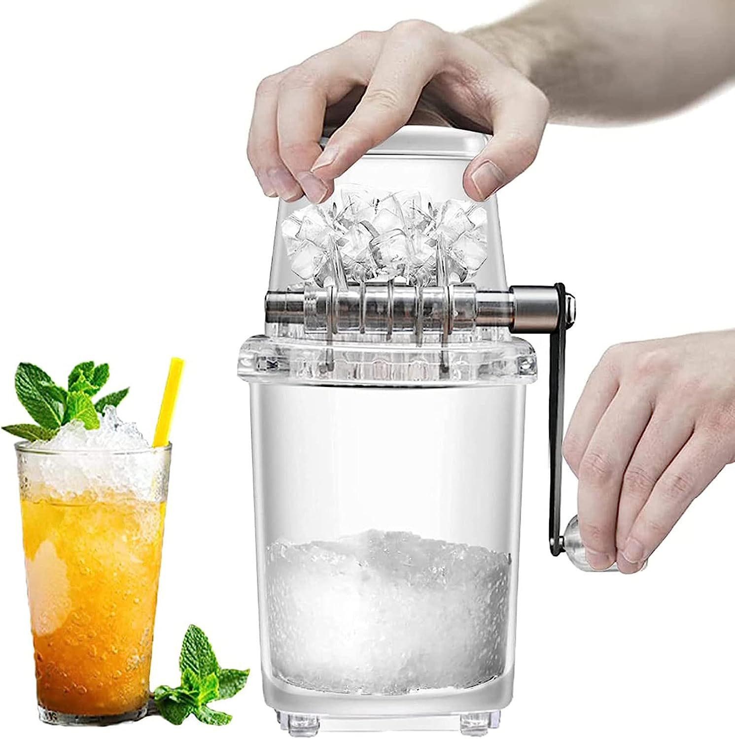 Hand Ice Crusher Machine for Home Use with Stainless Steel Blades and Suction Base Manual Hand Crank Ice Breaker BPA Free Transparent Portable Ice Crusher for Creating Drinks Ice Platters Cocktail. 