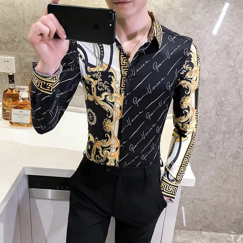 Luxury Baroque Palace Golden Flower Long Sleeve Casual Slim Fit Shirt For Men-3000