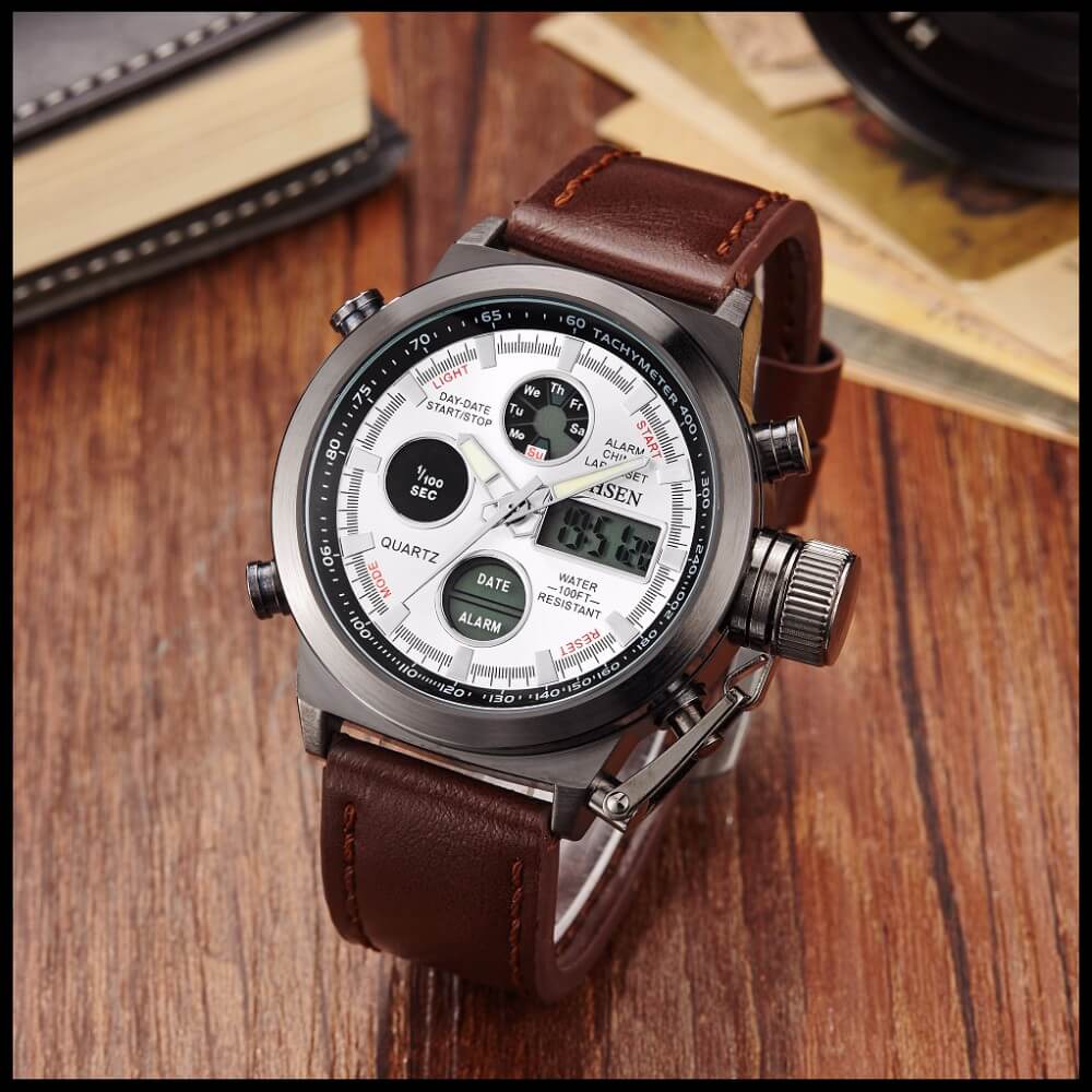 Ohsen Ad1601 Dual Movement Men Watch Luxury Business Leather Strap