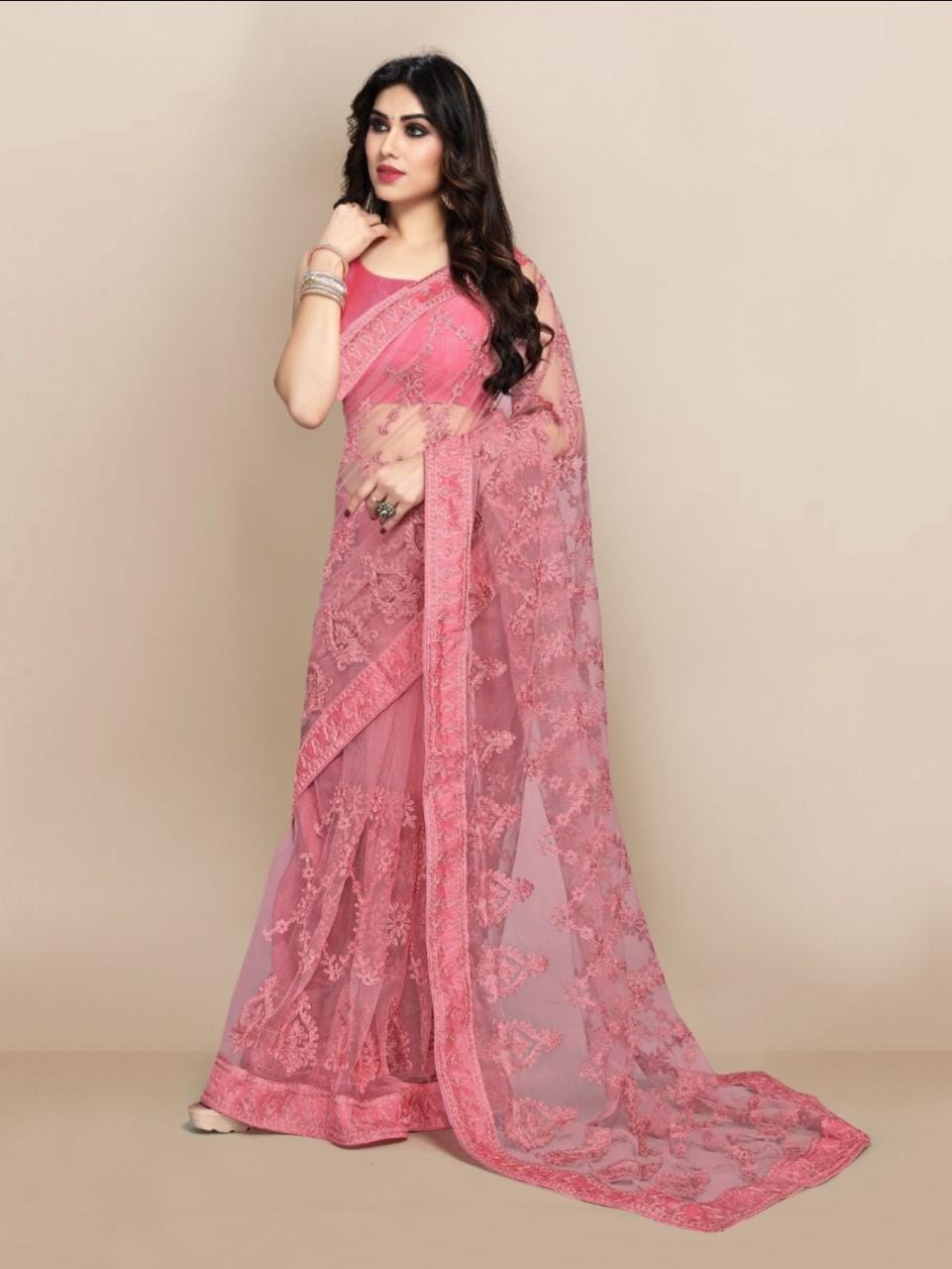 Pink Net Floral Embroidered Saree With Unstitched Blouse For Women