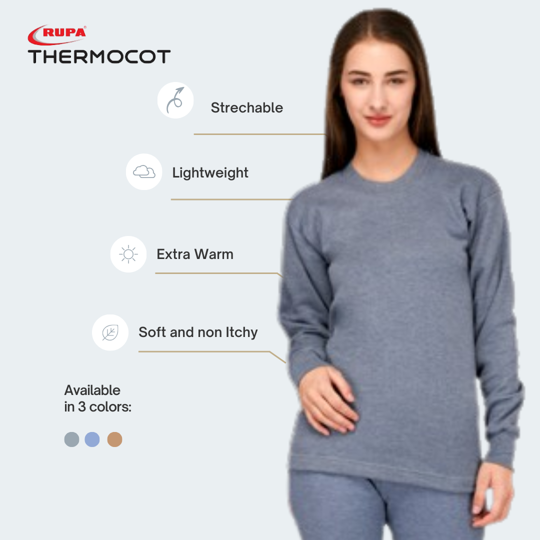 Rupa Thermacot Full Sleeve Round Neck Blue Thermal Top For Women