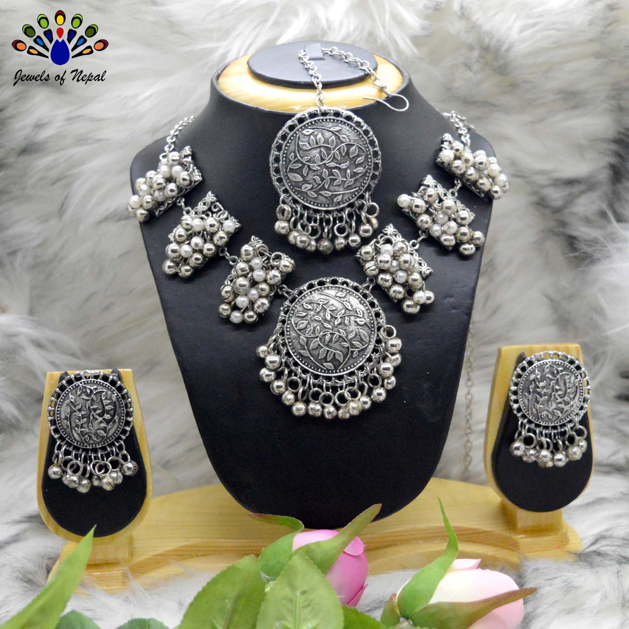 Afghani Style Silver Oxidized Toned Ghungroo Beaded Necklace Set