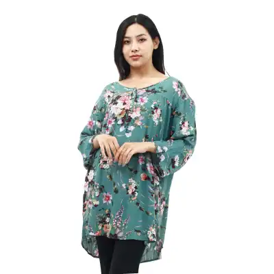 Blue Cotton Round Neck Full Sleeve Flower Printed Tops For Women