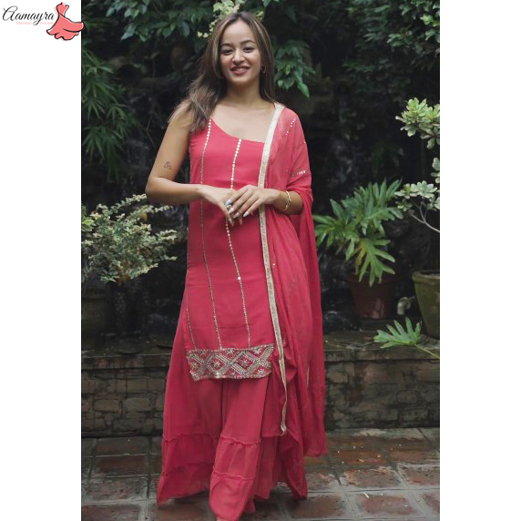 Ethnic Foil Printed & Embroidered Straight Fit Kurta - Red
