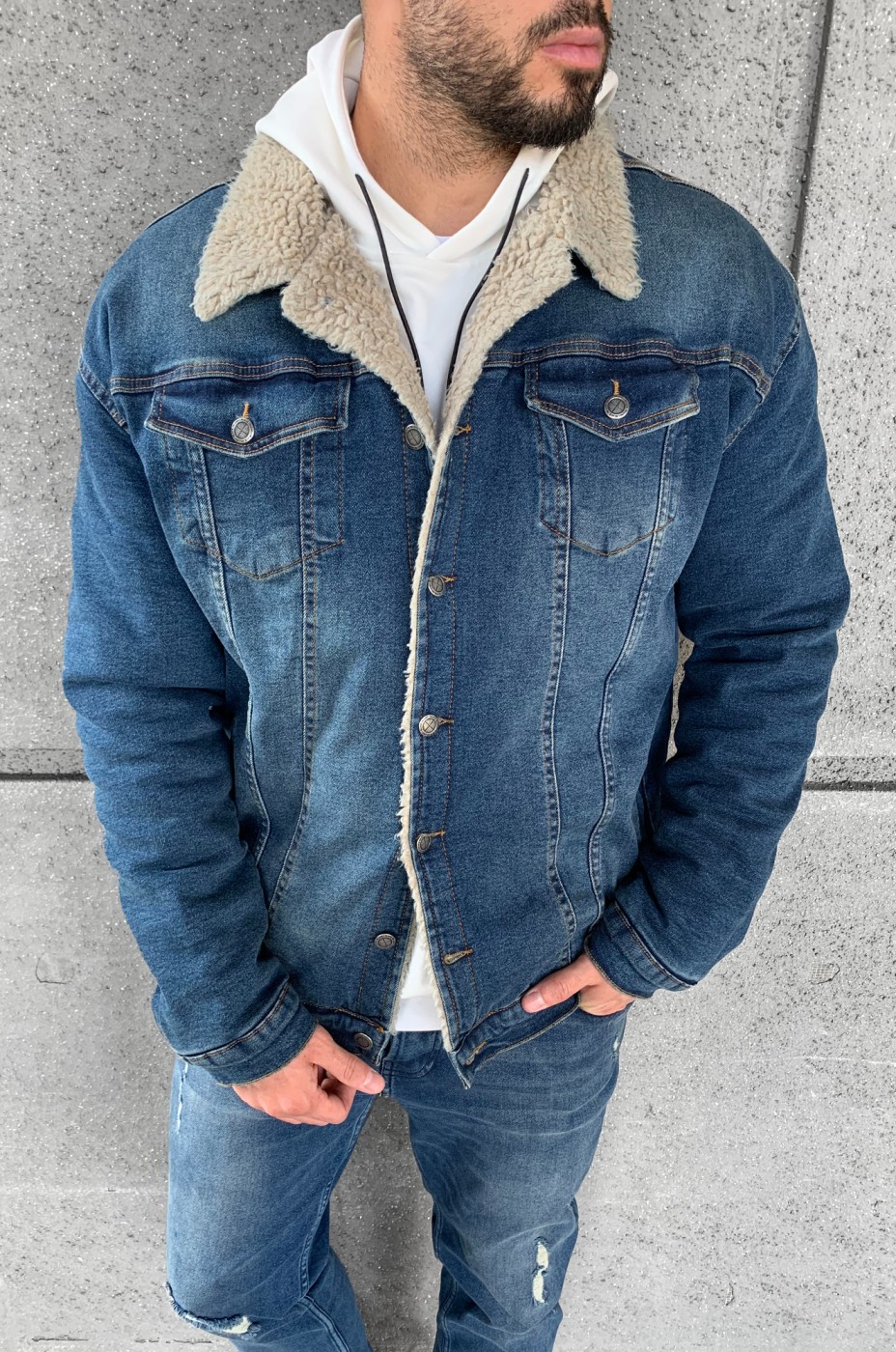 Blue Solid Grey Fur Denim Jacket For 