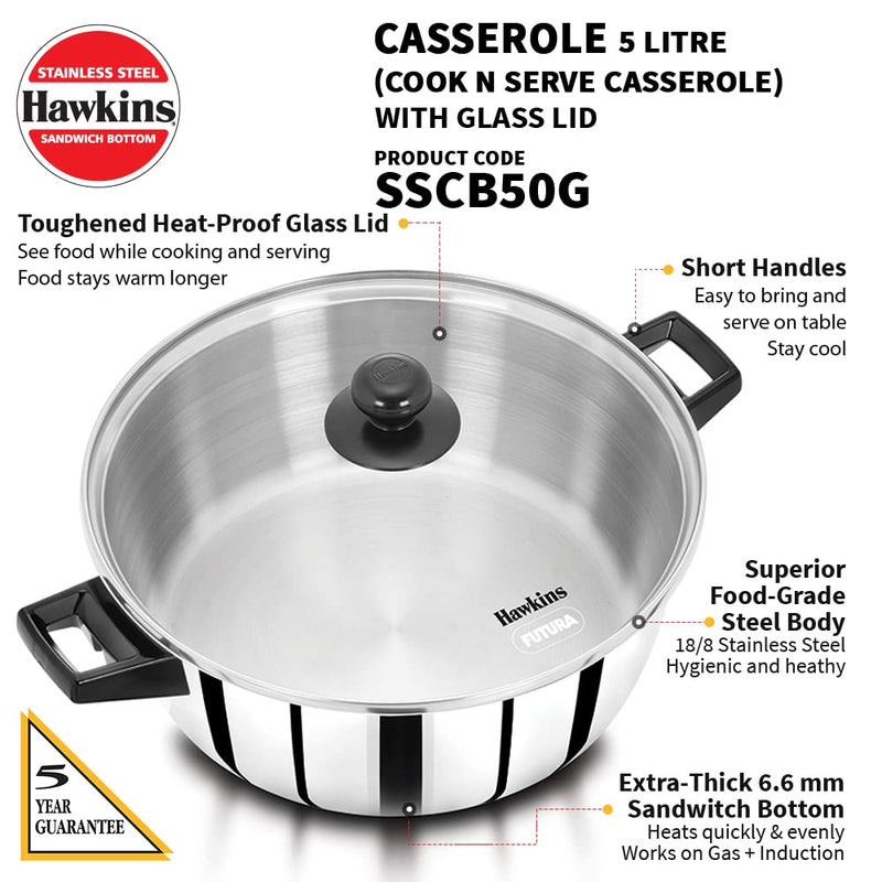 Hawkins Stainless Steel Casserole Cook And Serve With Toughened Glass ...