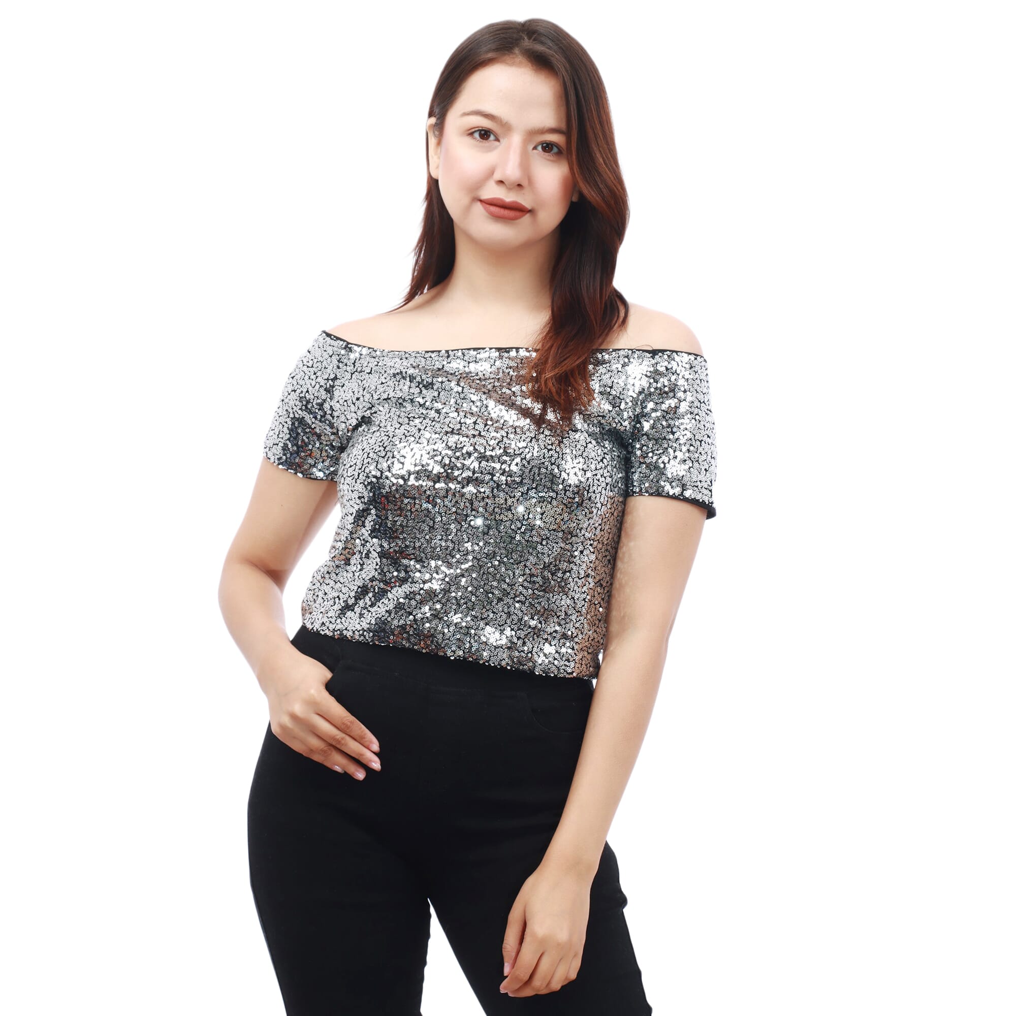 Silver sequin off 2024 the shoulder top