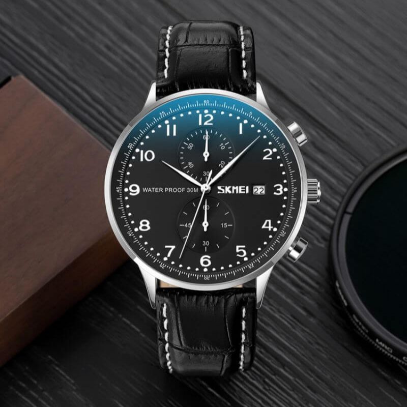 SKMEI 9301 Men Watch Fashion Luxury Chronograph Date Function Numeral Index Leather Strap Quartz - Black