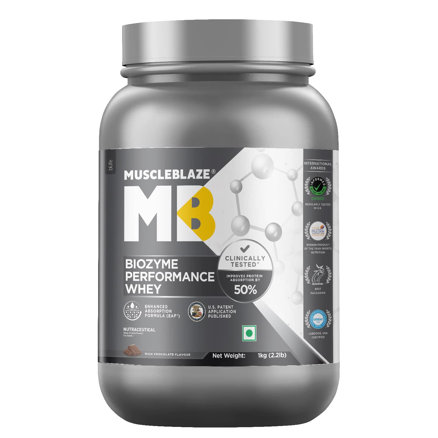MuscleBlaze Biozyme Performance Whey Protein 1kg Chocolate Flavor